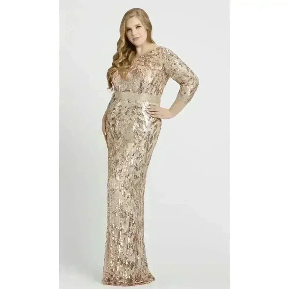 MAC DUGGAL 4857 Rose Gold Embellished Beaded Sequin V-Back Evening Gown 18W Maxi - Picture 1 of 9